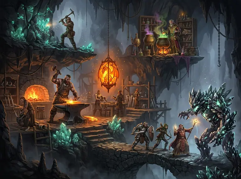 Caverna su più livelli dove diversi personaggi estraggono minerali, forgiano armi e combattono un boss contemporaneamente.