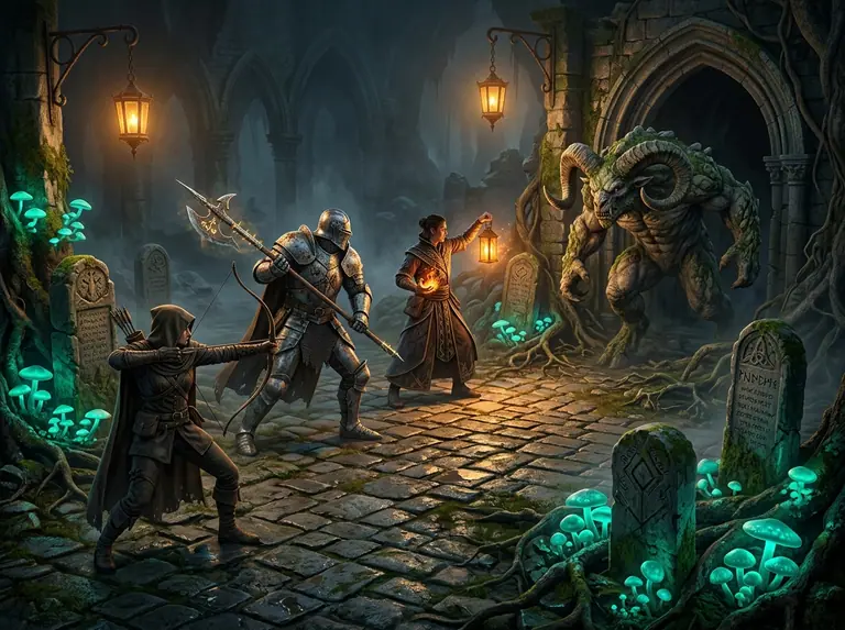 Compagnia di tre eroi fantasy al crocevia di una cripta illuminata da lanterne di fronte a un guardiano mostruoso.