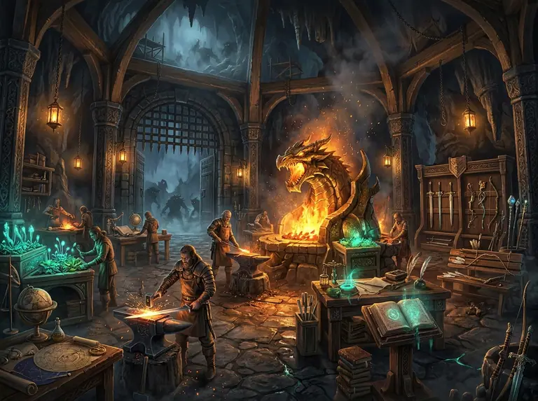 Grande sala delle maestrie con venti postazioni di forgiatura, alchimia, incantamento e armi affacciate su un dungeon.