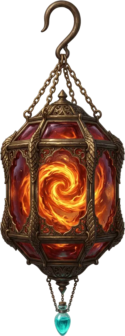 La Gran Lanterna di Bragia in bronzo battuto e vetro rubino con la fiamma draconica all'interno.