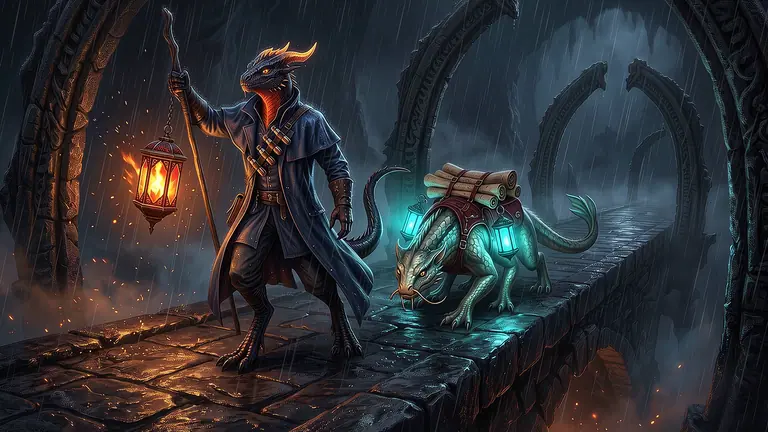 Draviano Vael e Lumina Sferza sul ponte di basalto nella Caldera di Vetrofuoco mentre sollevano la Lanterna Drago davanti ai cancelli di un dungeon sotterraneo.